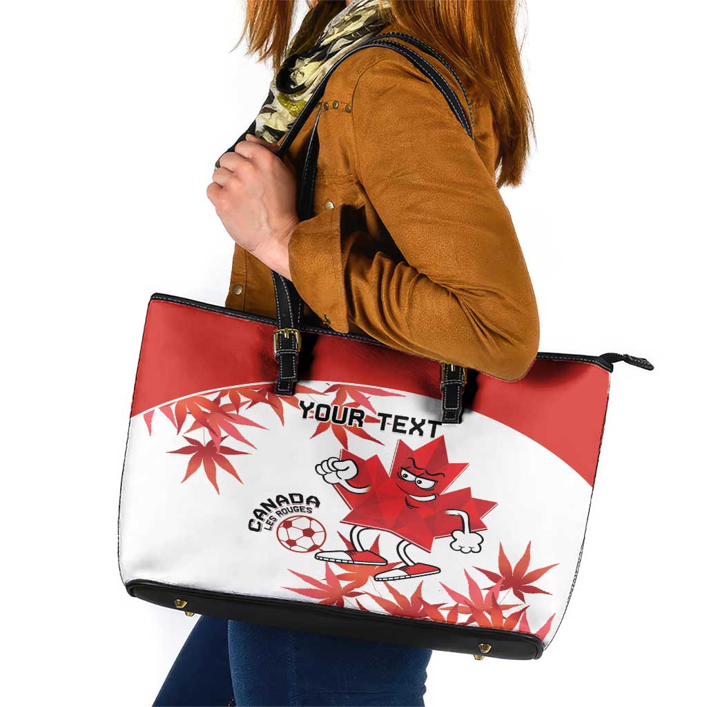 Custom Canada Soccer Leather Tote Bag Les Rouges Cute Maple Leaf Mascot - Wonder Print Shop