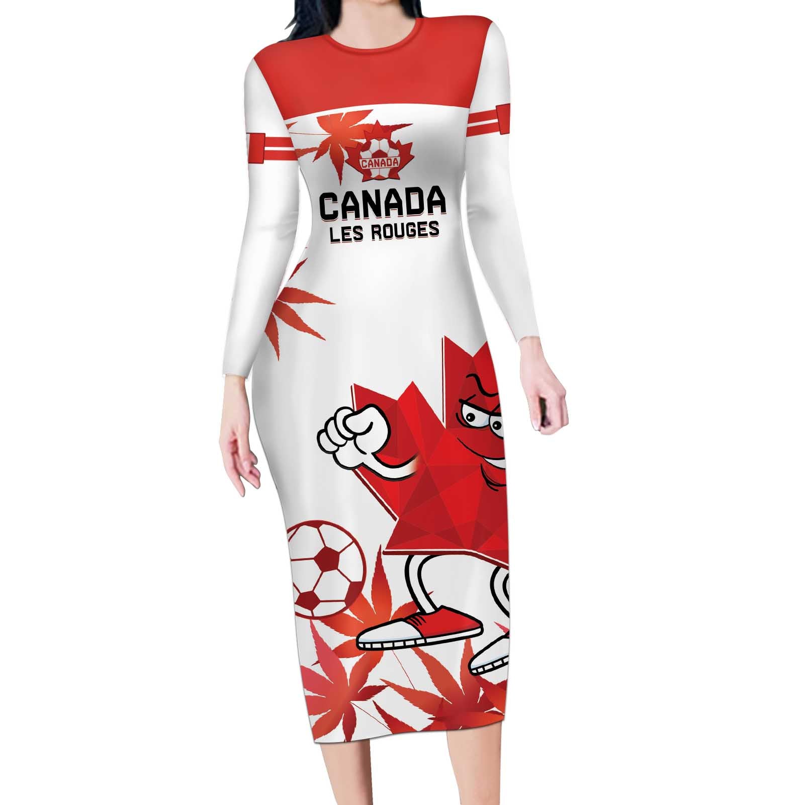 Custom Canada Soccer Long Sleeve Bodycon Dress Les Rouges Cute Maple Leaf Mascot - Wonder Print Shop