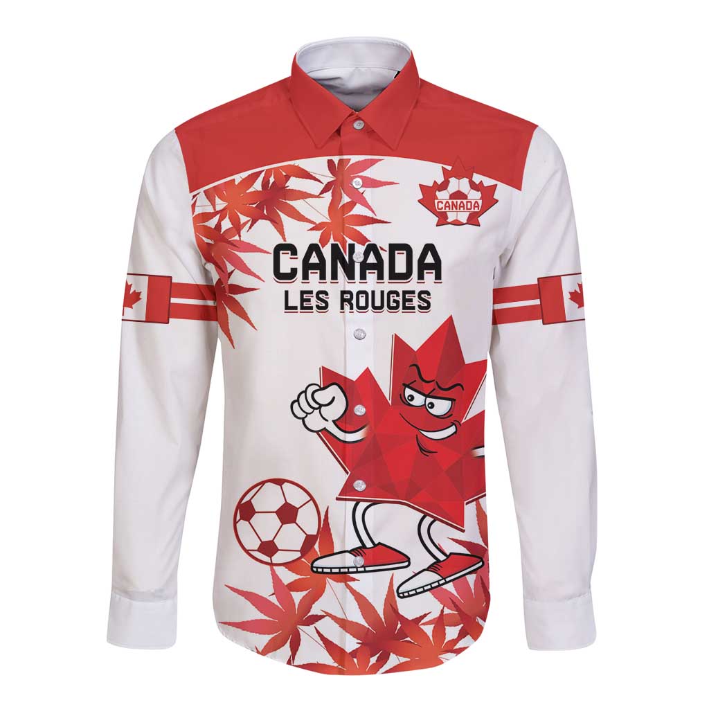 White long-sleeve button shirt with red collar and Canada mascot front graphic