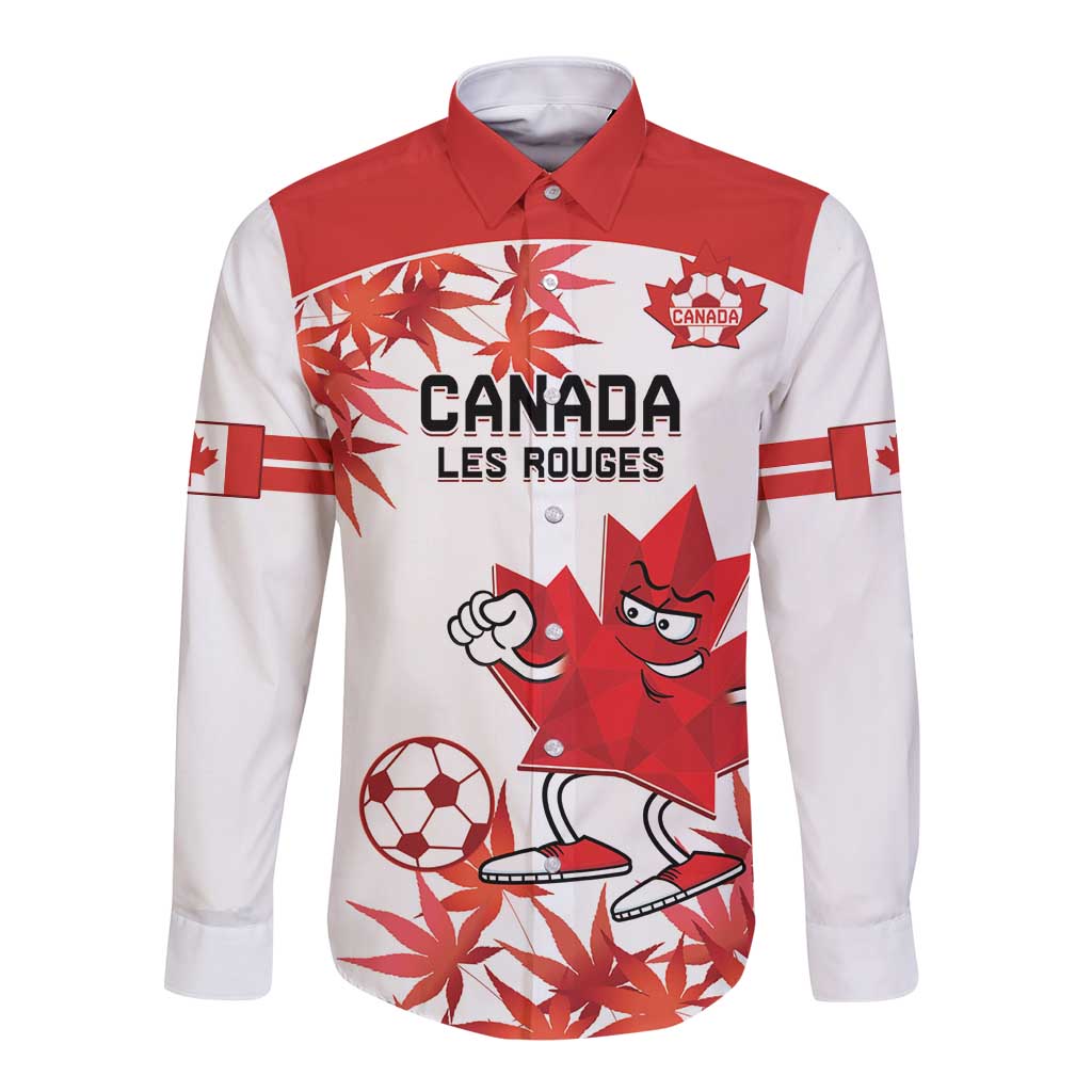 Custom Canada Soccer Long Sleeve Button Shirt Les Rouges Cute Maple Leaf Mascot - Wonder Print Shop