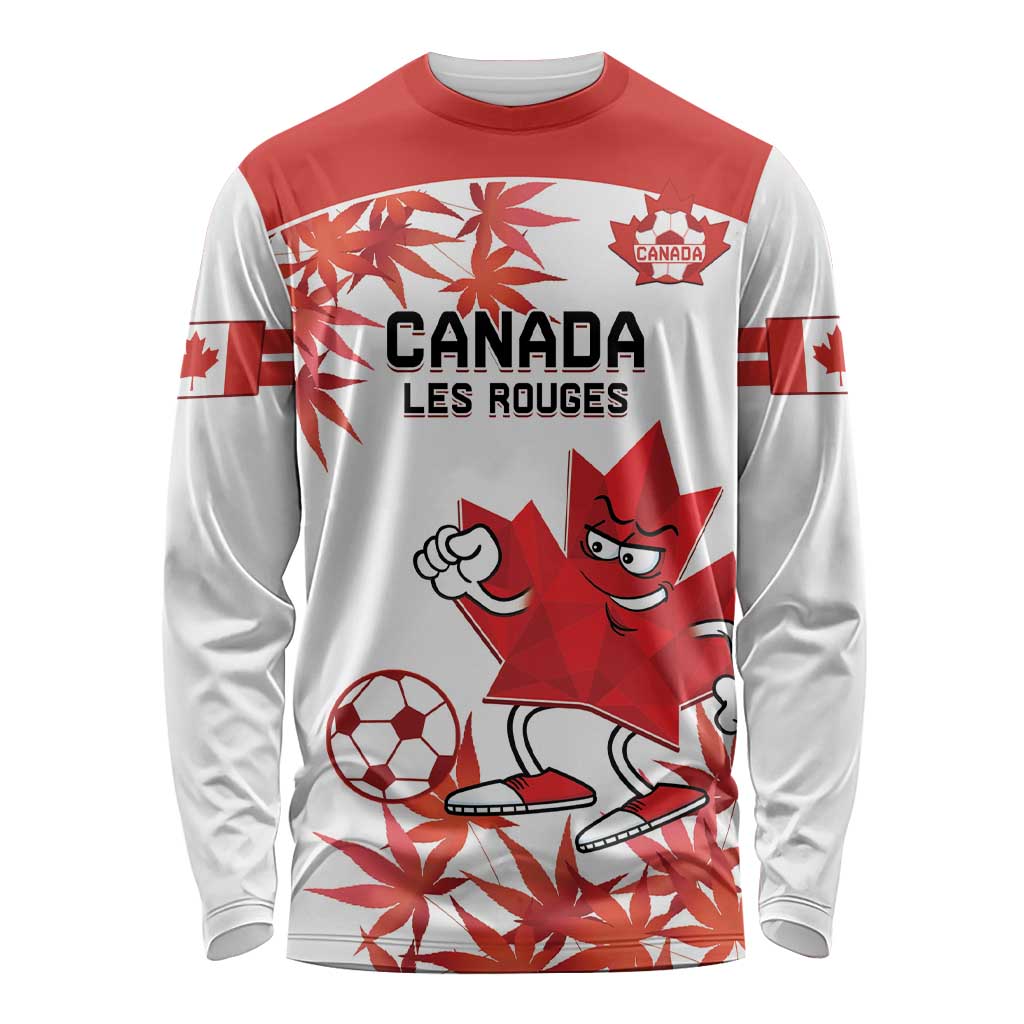 Canada soccer long-sleeve shirt in white and red with mascot and maple-leaf graphics