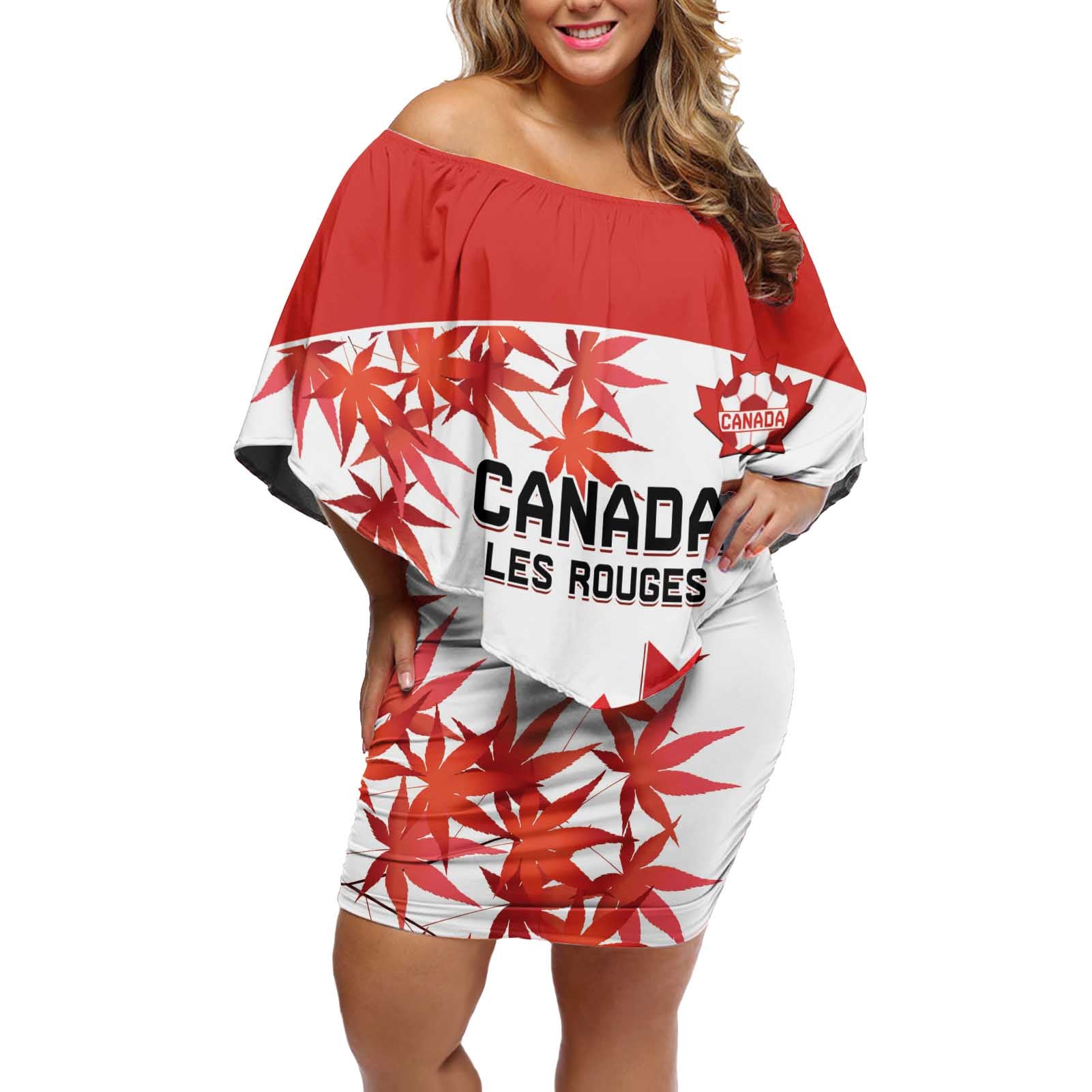 Custom Canada Soccer Off Shoulder Short Dress Les Rouges Cute Maple Leaf Mascot - Wonder Print Shop