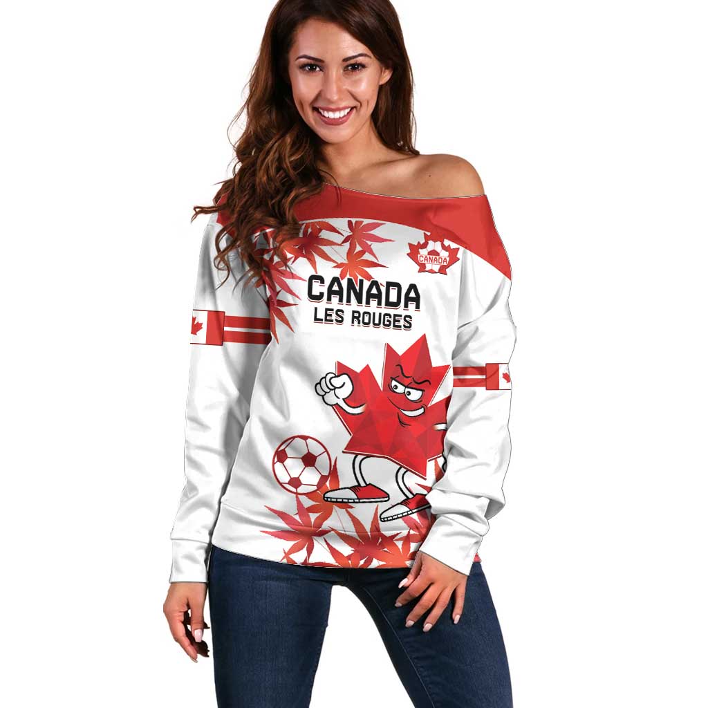 Custom Canada Soccer Off Shoulder Sweater Les Rouges Cute Maple Leaf Mascot - Wonder Print Shop