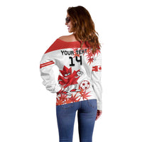 Women’s off-shoulder white sweater back with red “YOUR TEXT 14” soccer graphic