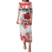 Women’s long soccer dress, white with red maple leaf and Canada mascot graphic