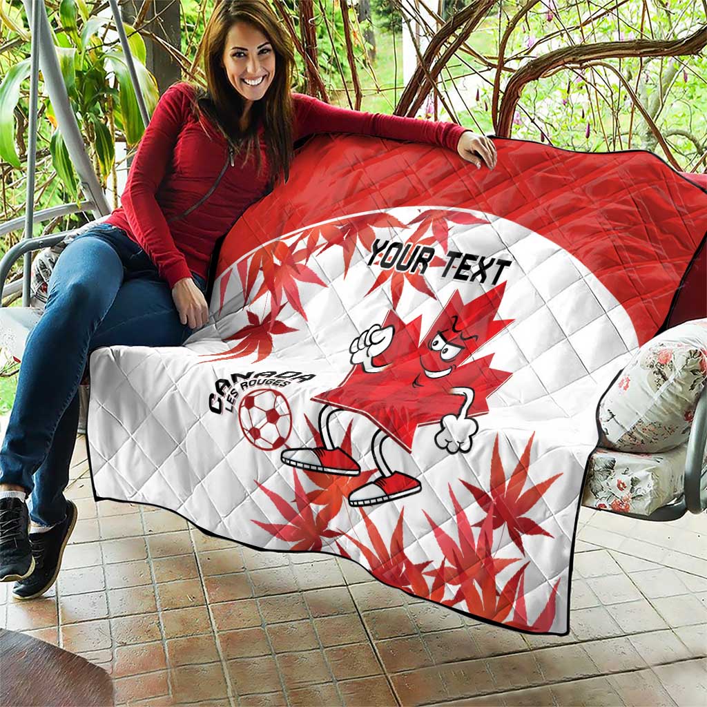 Red and white quilt blanket with cartoon Canada mascot, soccer theme, maple leaves, “YOUR TEXT”