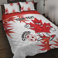 Canada quilt bed set with quilted stitching, red maple leaves, mascot and soccer ball, YOUR TEXT