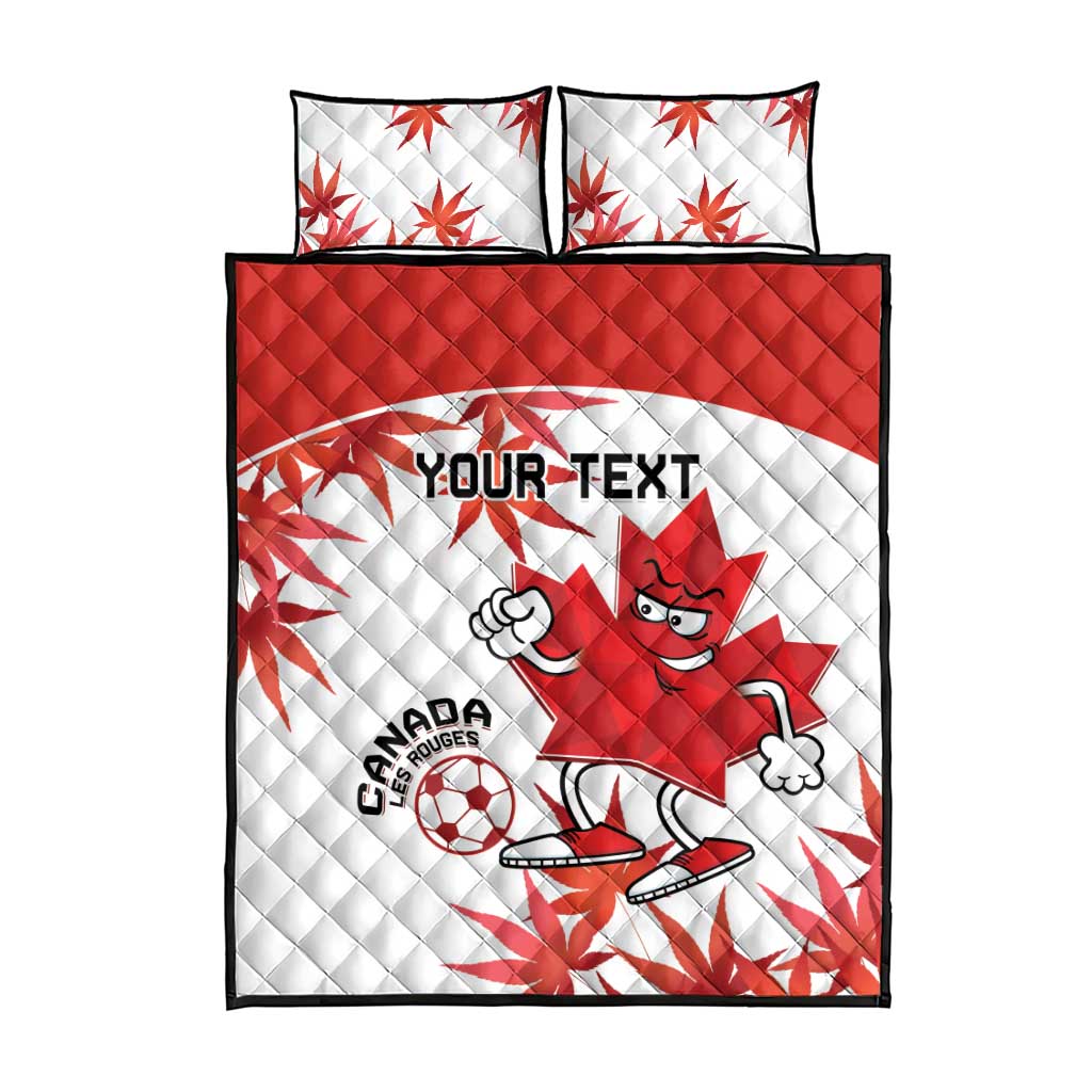 Reversible-style quilt bed set with two pillows; red mascot and maple leaves on white background