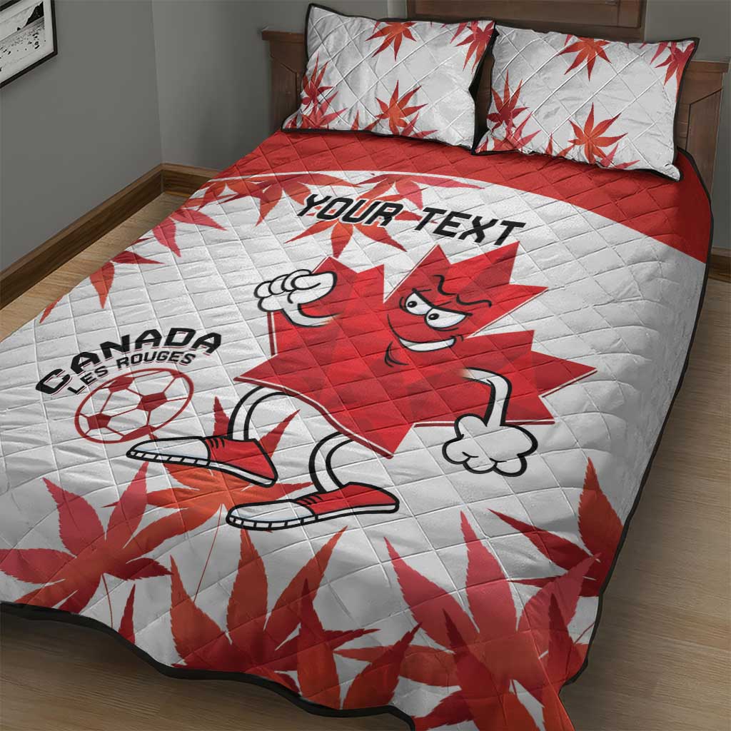 Canada quilt bed set with quilted pattern, red maple leaves, mascot graphic, YOUR TEXT center