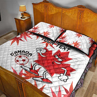 Canada quilt bed set with red maple leaves and mascot, white base, includes YOUR TEXT panel