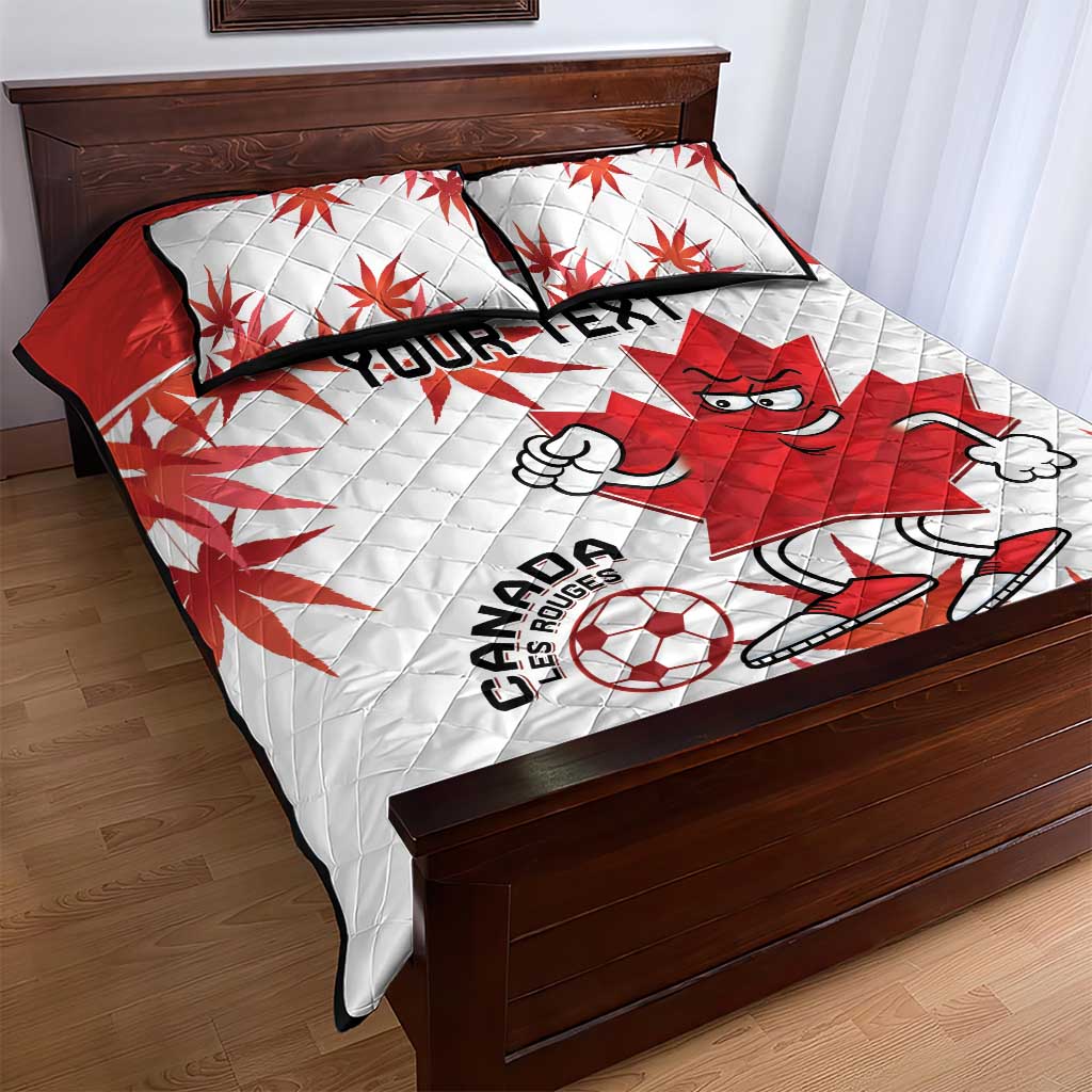Canada quilt bed set featuring red and white mascot, soccer ball, maple leaves, YOUR TEXT