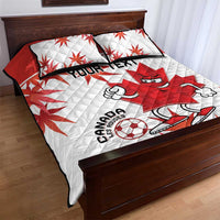 Canada quilt bed set featuring red and white mascot, soccer ball, maple leaves, YOUR TEXT