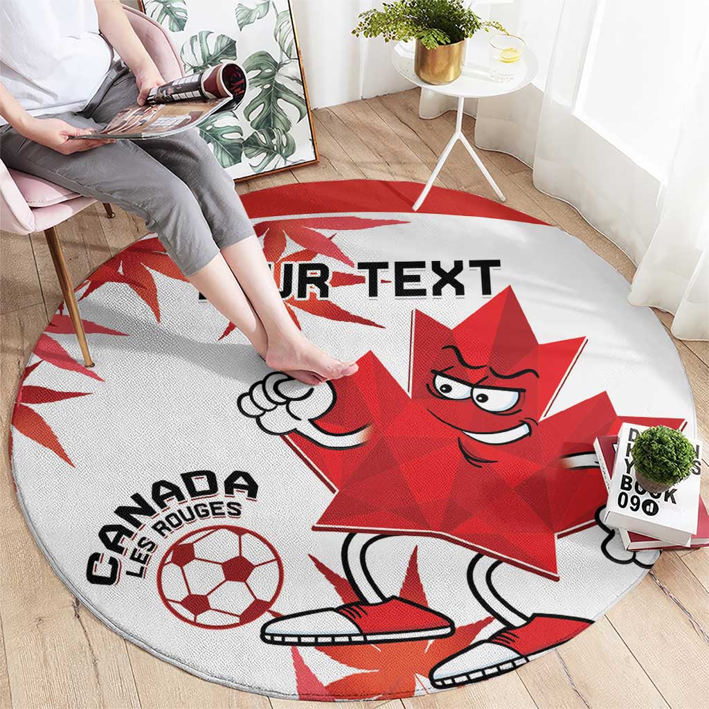 Round Canada soccer mascot area rug, white with red maple leaf and 'YOUR TEXT'.