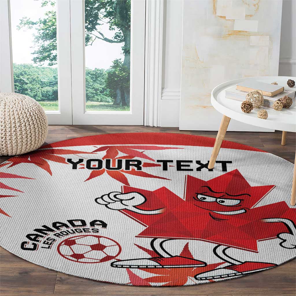 Round Canada soccer mascot rug, white and red maple leaf with 'YOUR TEXT' across.