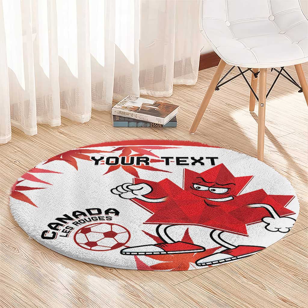 Round Canada soccer mascot area rug, white base with red leaf and 'YOUR TEXT'.