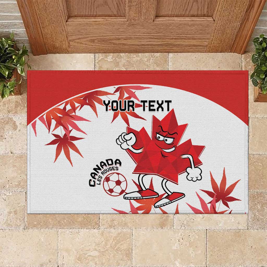Red and white Canada mascot rubber doormat with “YOUR TEXT” logo and soccer ball