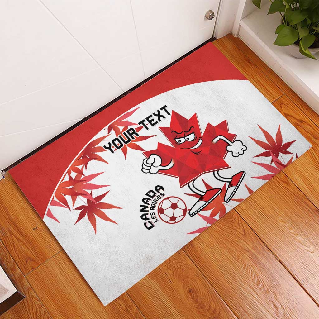 Red and white Canada mascot rubber doormat with “YOUR TEXT” and maple leaf graphics