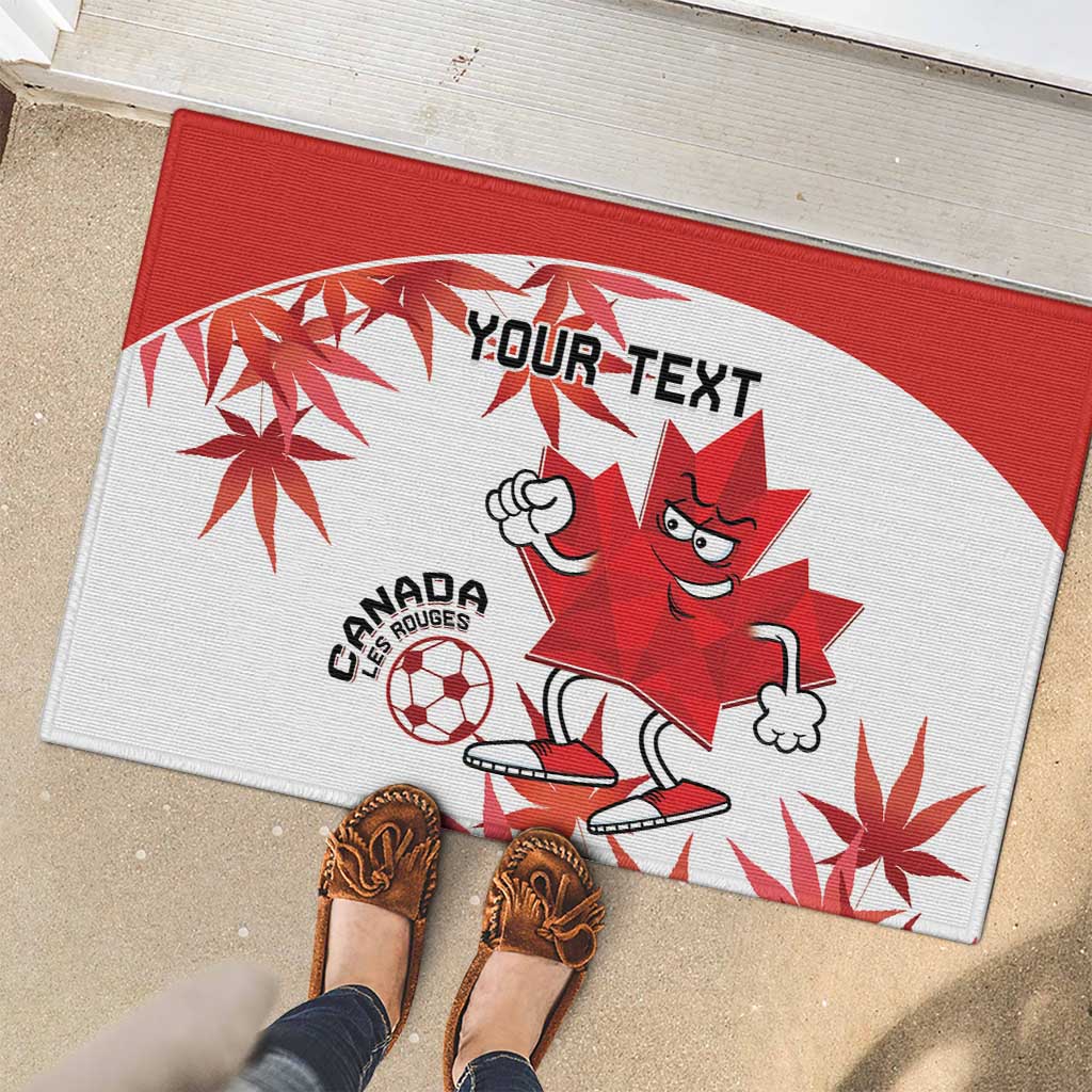 Red and white Canada mascot rubber doormat with “YOUR TEXT” and maple leaf pattern