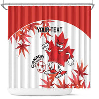 Red and white Canada soccer shower curtain with mascot and maple leaves