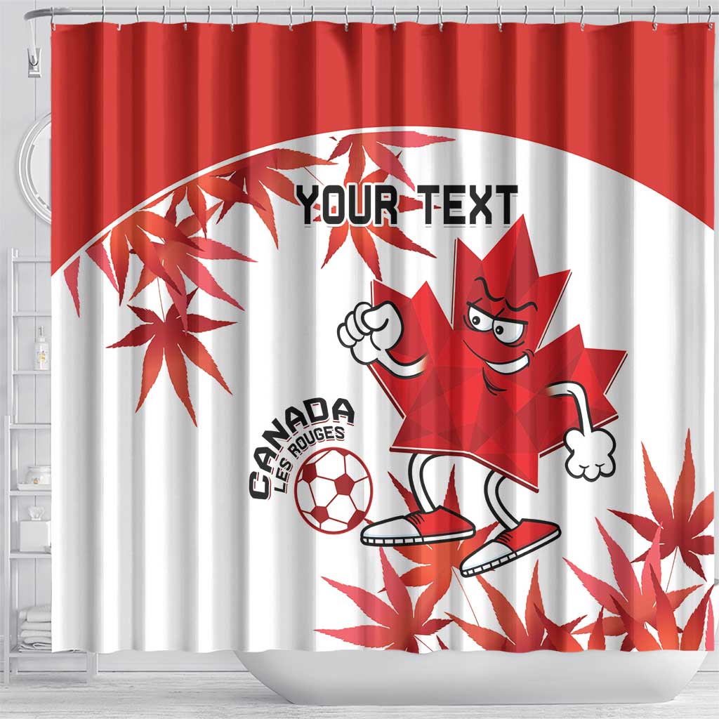Red and white Canada soccer shower curtain with mascot, maple leaves, and customizable text