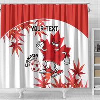 Canada soccer shower curtain with red mascot and maple leaf pattern, centered front view