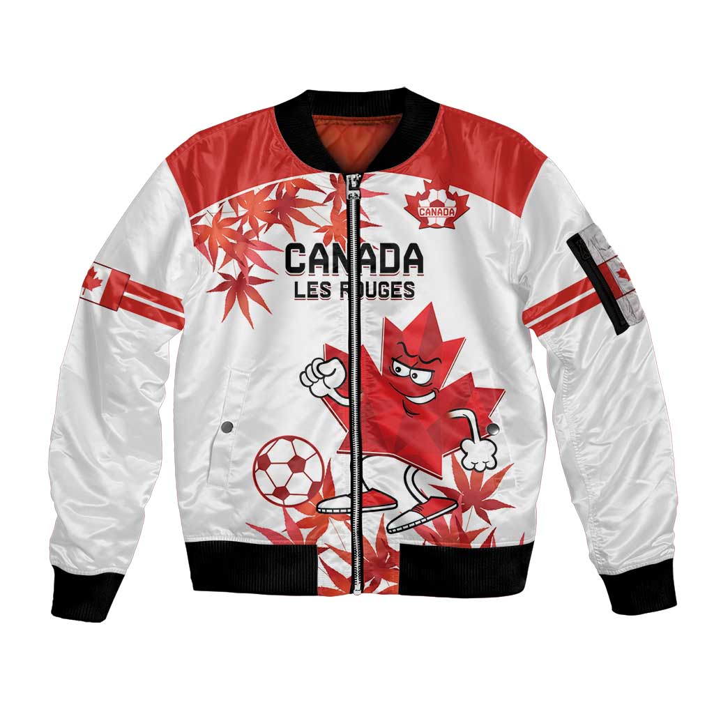 White and red zip-up bomber jacket with Canada mascot graphic and black ribbed cuffs