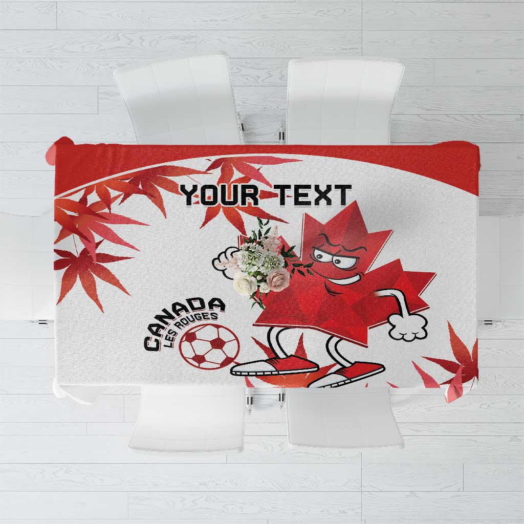 White and red Canada soccer tablecloth with maple leaf mascot and custom banner text