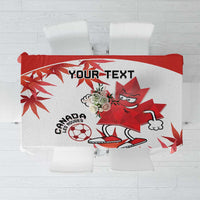 White and red Canada soccer tablecloth with maple leaf mascot and custom banner text