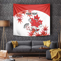 Canada soccer mascot wall tapestry in red and white with maple leaves and custom text