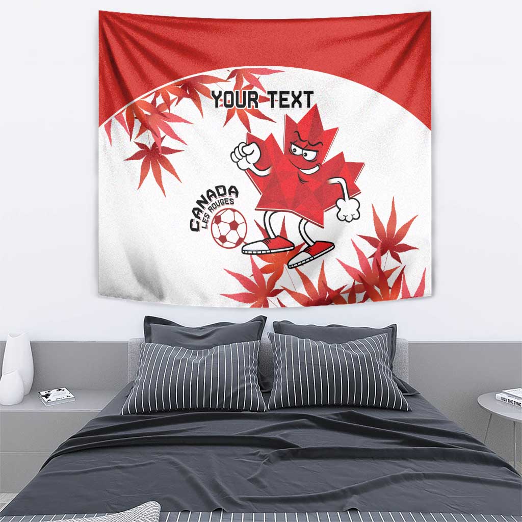 Canada soccer mascot tapestry with red maple leaf design and custom text on white