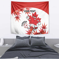 Canada soccer mascot tapestry with red maple leaf design and custom text on white