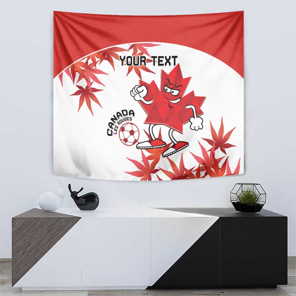 Canada soccer mascot tapestry in red and white with maple leaves and custom text