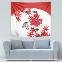 Canada soccer mascot tapestry with red maple leaves and custom text on white fabric
