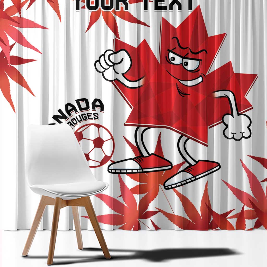 Close-up Canada soccer mascot curtain with red maple leaf, text area, and character illustrations