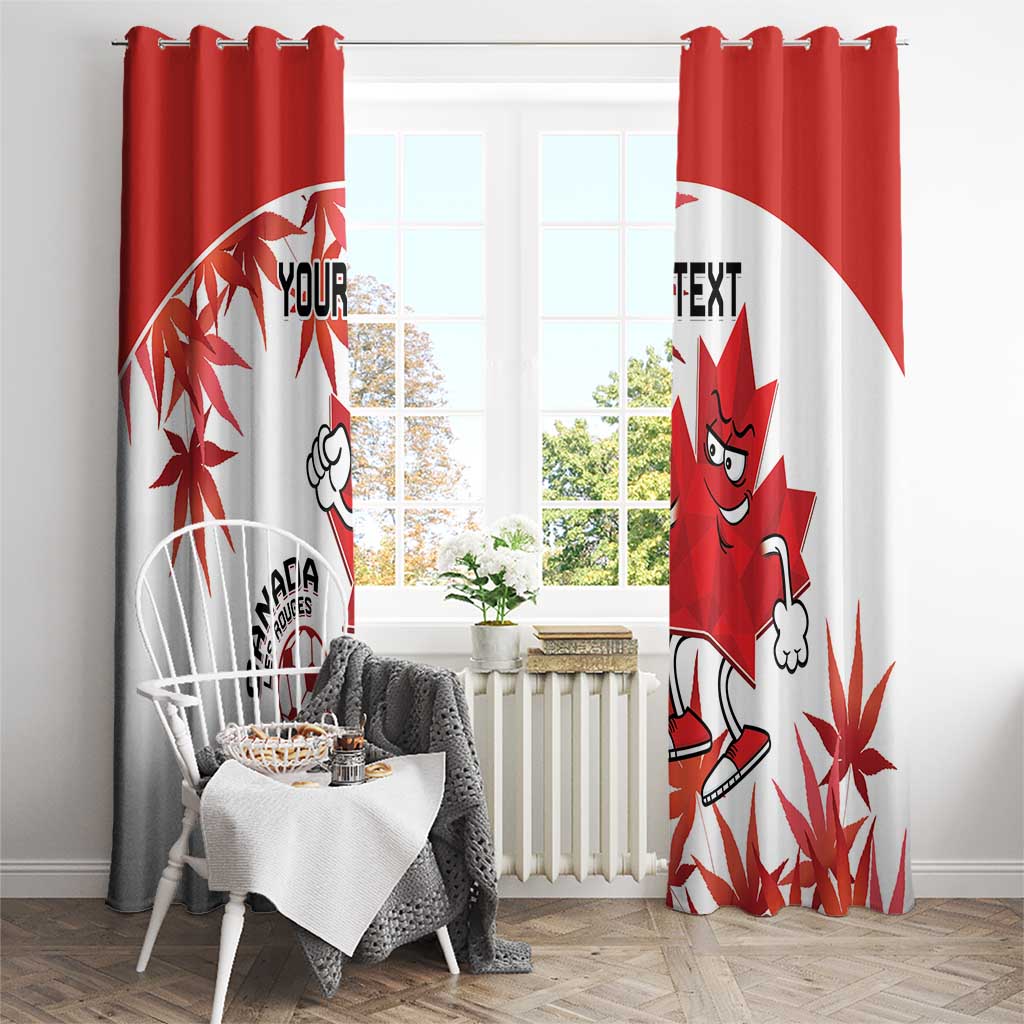 Canada soccer mascot window curtains, red and white with large maple leaf arc and character