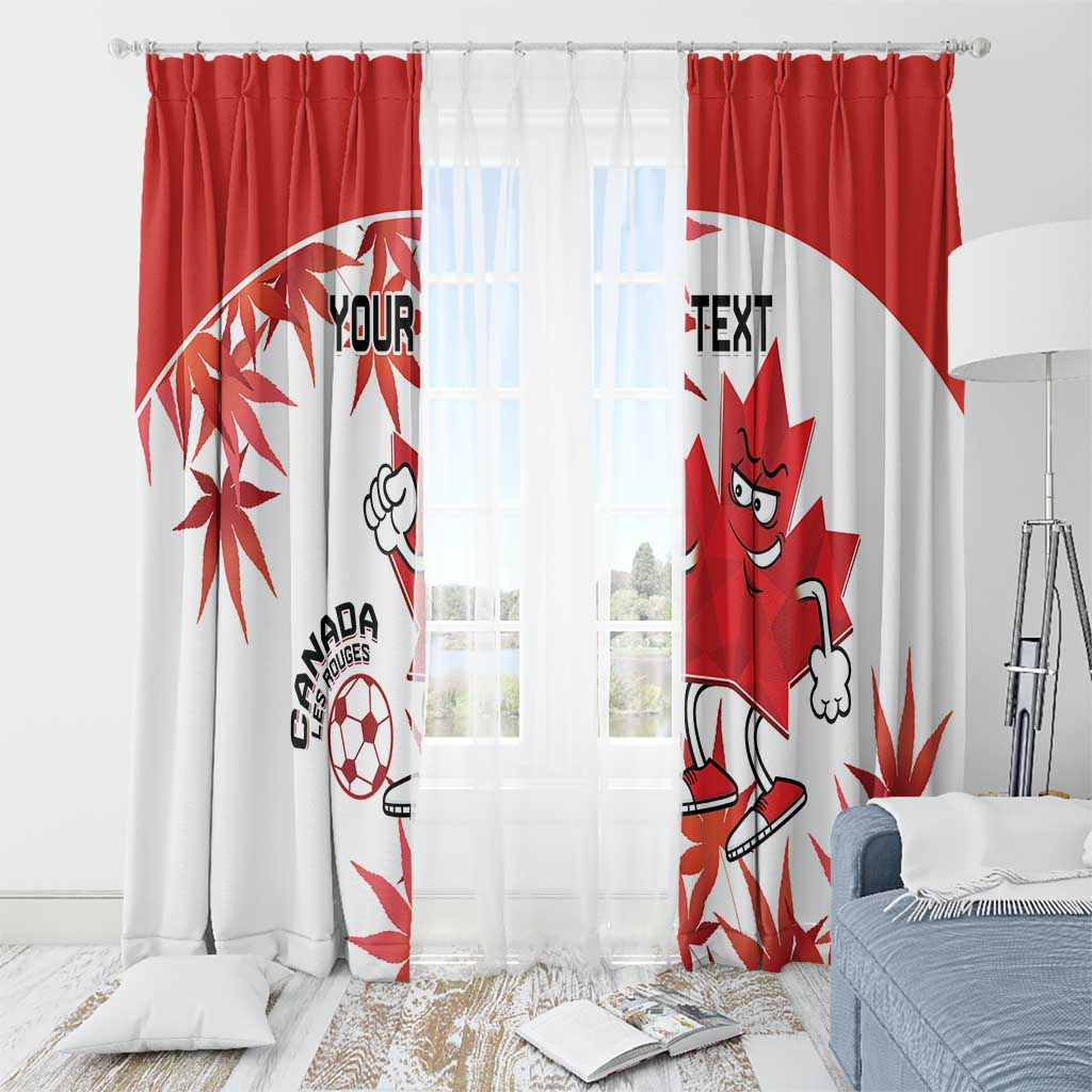 Red and white Canada soccer mascot curtains with maple leaf graphics and centered character