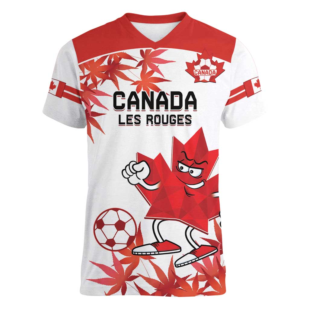 Custom Canada Soccer Women V-Neck T-Shirt Les Rouges Cute Maple Leaf Mascot - Wonder Print Shop