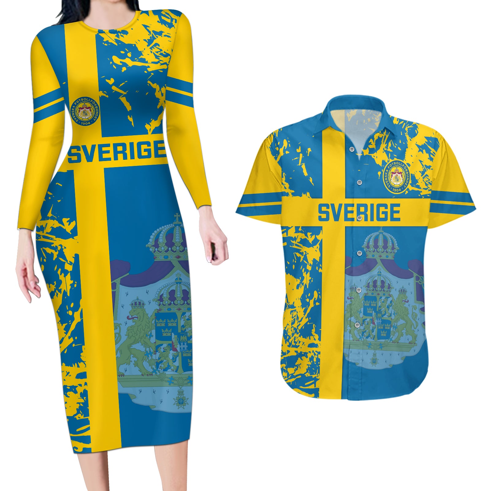 Sweden Football Couples Matching Long Sleeve Bodycon Dress and Hawaiian Shirt Come On Sverige 2023 World Cup - Wonder Print Shop