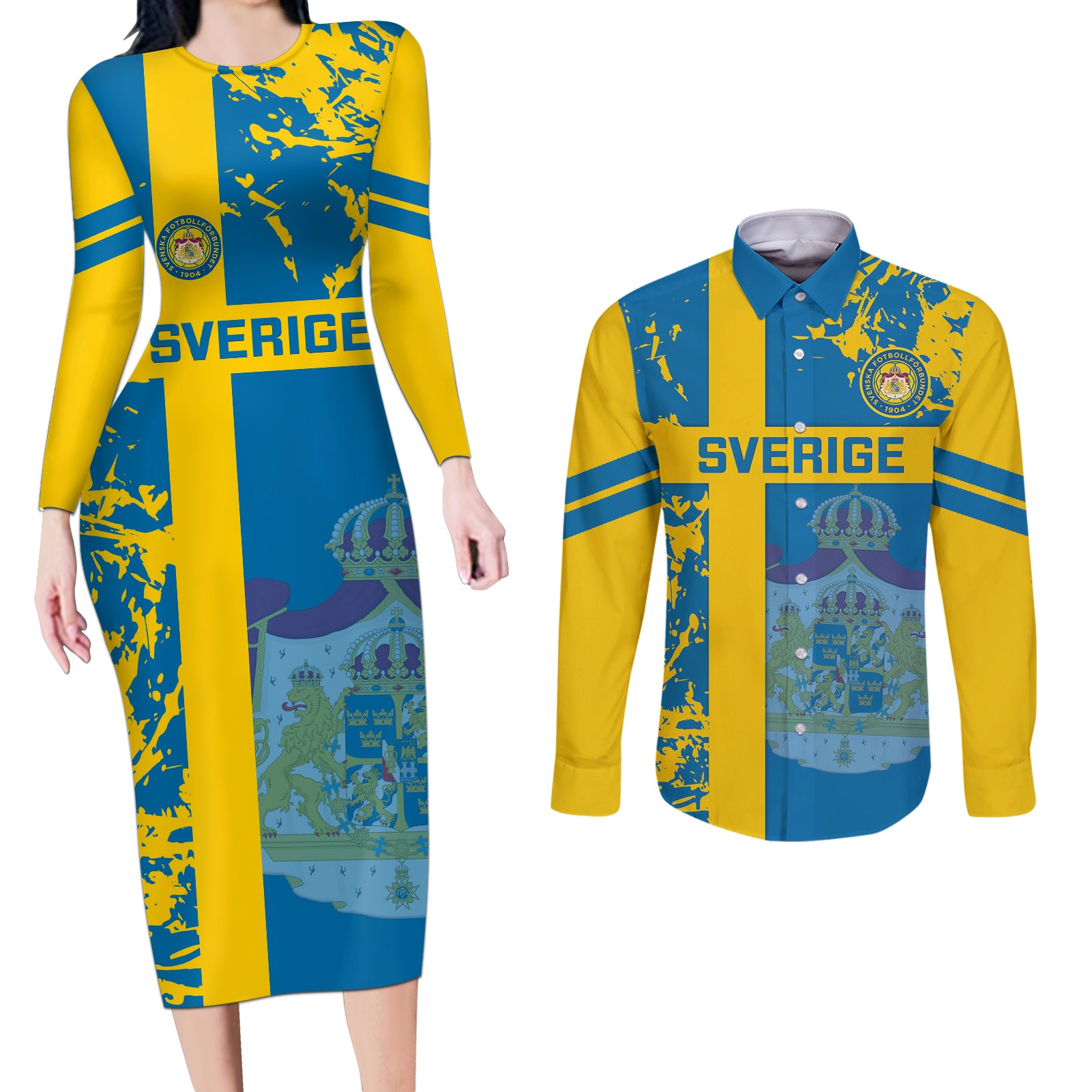 Sweden Football Couples Matching Long Sleeve Bodycon Dress and Long Sleeve Button Shirts Come On Sverige 2023 World Cup - Wonder Print Shop