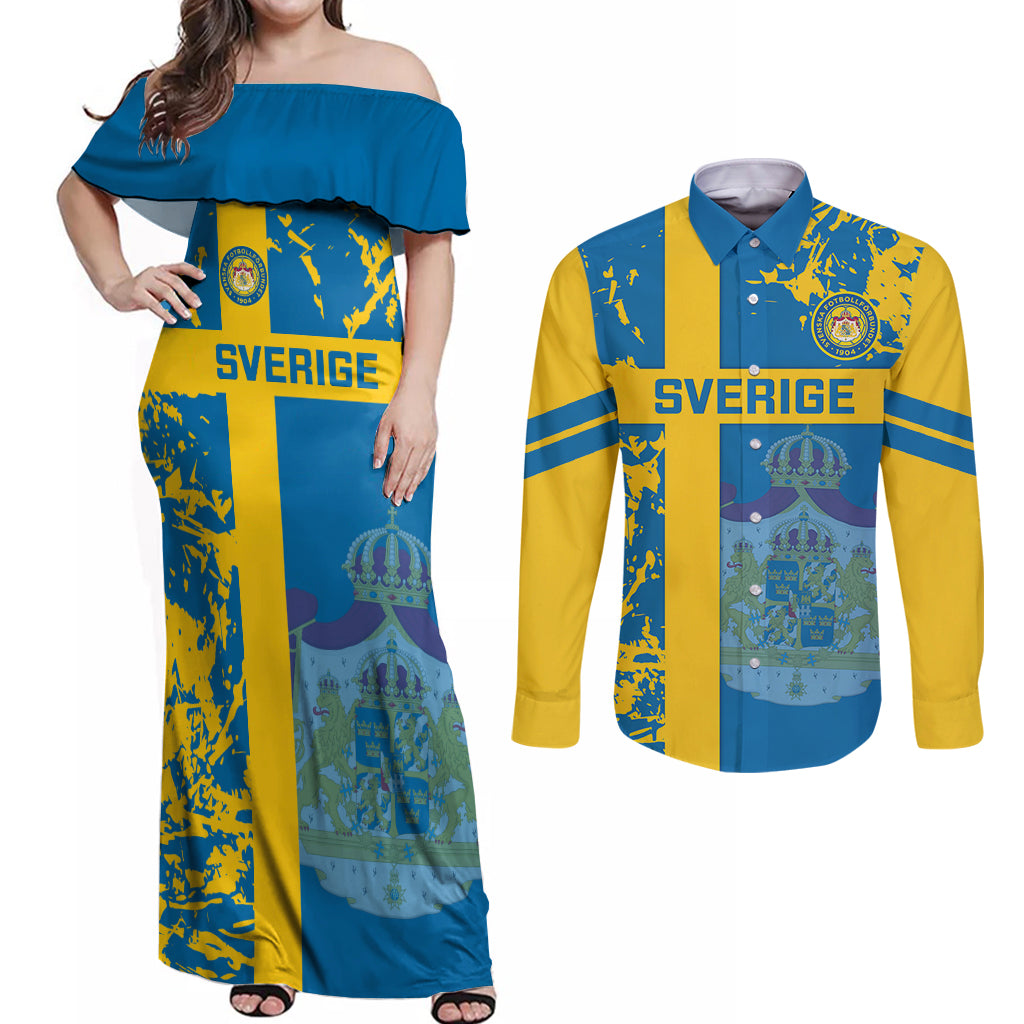 Sweden Football Couples Matching Off Shoulder Maxi Dress and Long Sleeve Button Shirts Come On Sverige 2023 World Cup - Wonder Print Shop