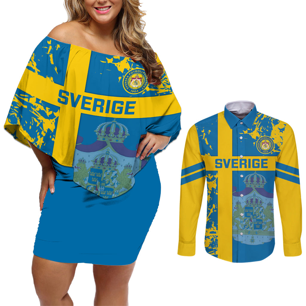 Sweden Football Couples Matching Off Shoulder Short Dress and Long Sleeve Button Shirts Come On Sverige 2023 World Cup - Wonder Print Shop