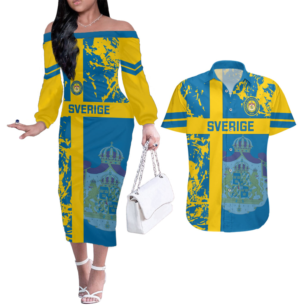 Sweden Football Couples Matching Off The Shoulder Long Sleeve Dress and Hawaiian Shirt Come On Sverige 2023 World Cup - Wonder Print Shop