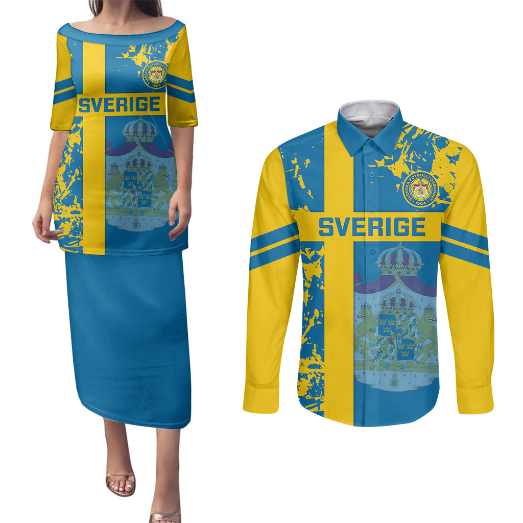 Sweden Football Couples Matching Puletasi Dress and Long Sleeve Button Shirts Come On Sverige 2023 World Cup - Wonder Print Shop