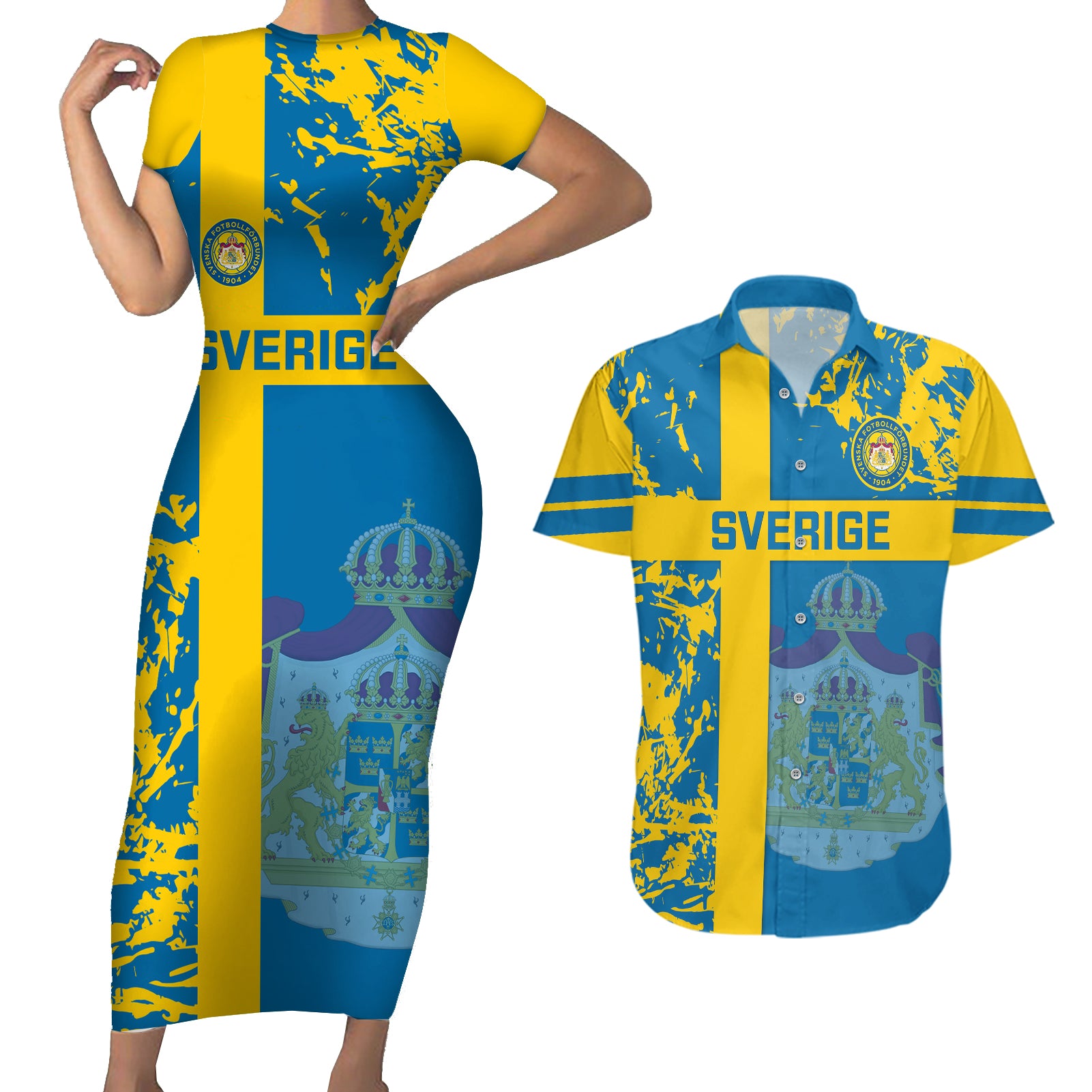 Sweden Football Couples Matching Short Sleeve Bodycon Dress and Hawaiian Shirt Come On Sverige 2023 World Cup - Wonder Print Shop