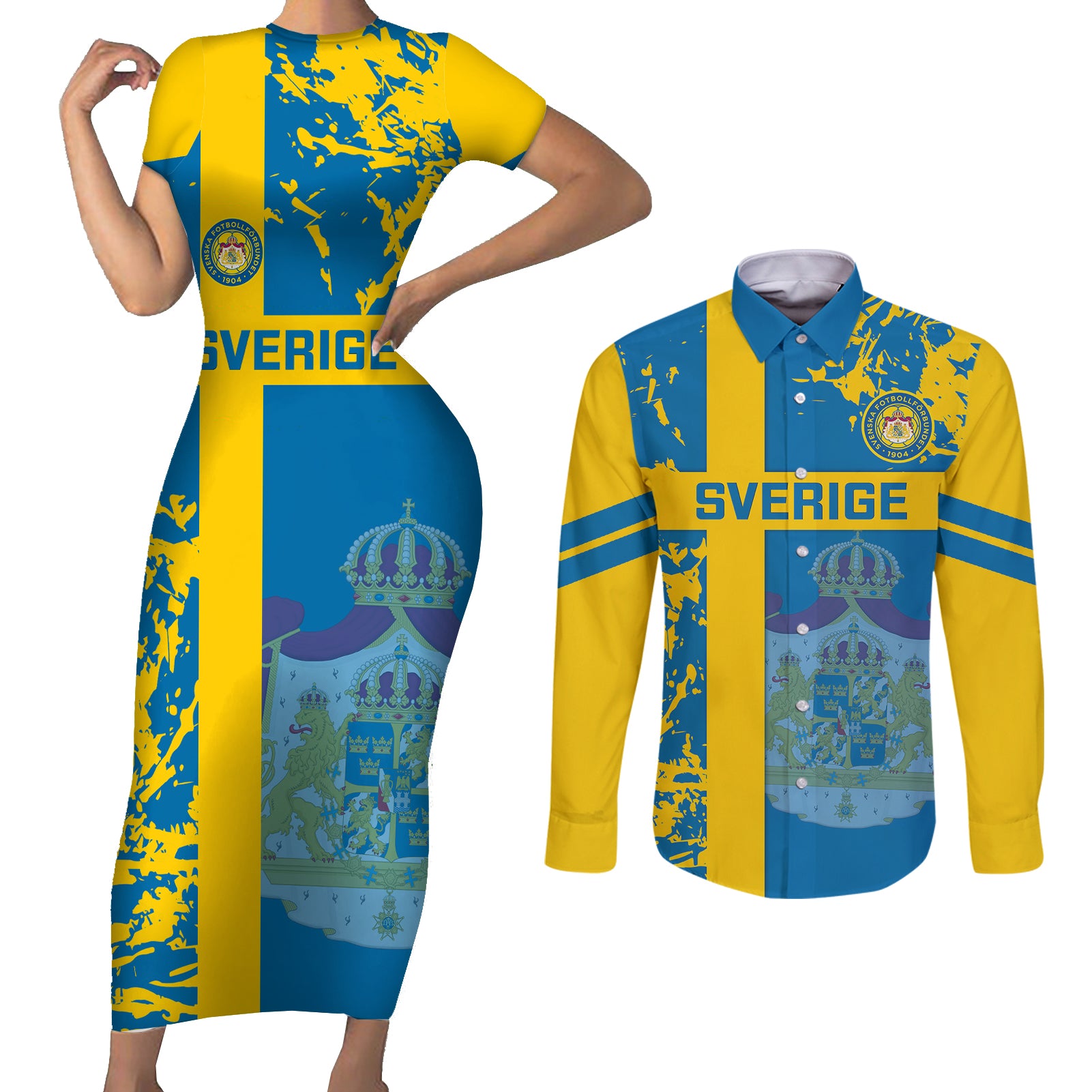 Sweden Football Couples Matching Short Sleeve Bodycon Dress and Long Sleeve Button Shirts Come On Sverige 2023 World Cup - Wonder Print Shop