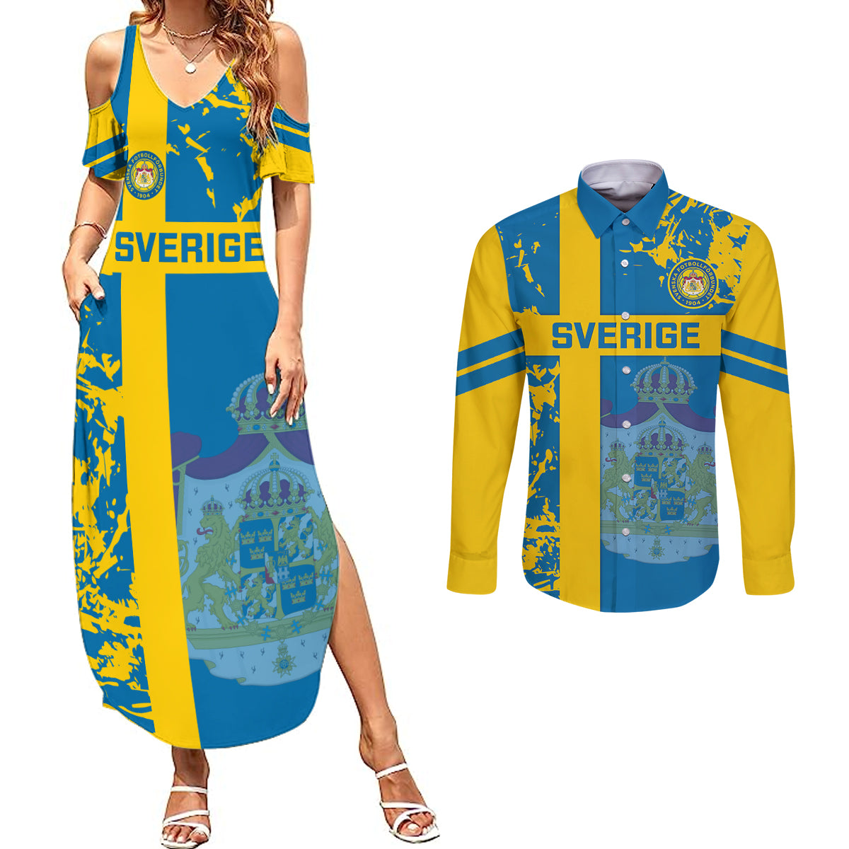 Sweden Football Couples Matching Summer Maxi Dress and Long Sleeve Button Shirts Come On Sverige 2023 World Cup - Wonder Print Shop