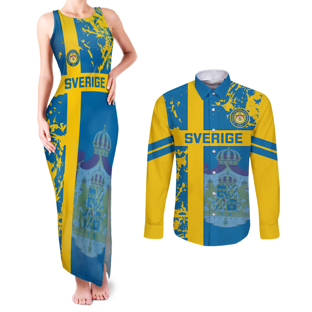 Sweden Football Couples Matching Tank Maxi Dress and Long Sleeve Button Shirts Come On Sverige 2023 World Cup - Wonder Print Shop