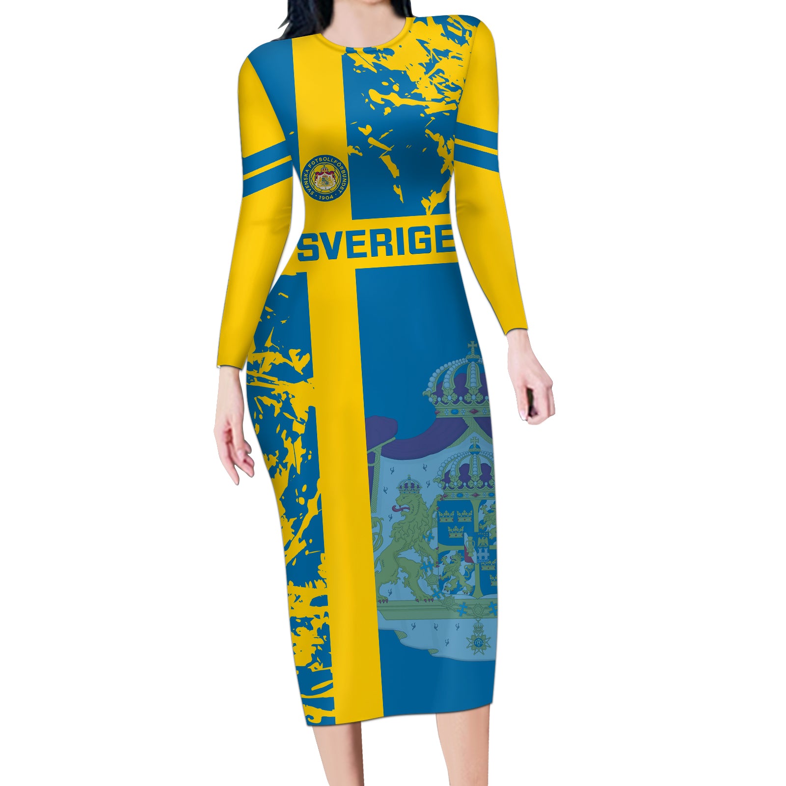 Sweden Football Long Sleeve Bodycon Dress Come On Sverige 2023 World Cup - Wonder Print Shop