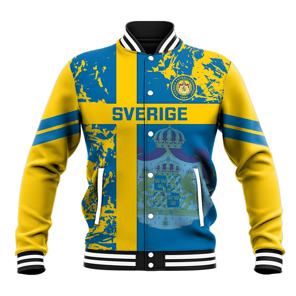 Unisex blue and yellow baseball jacket with striped ribbed collar and SVERIGE front graphic