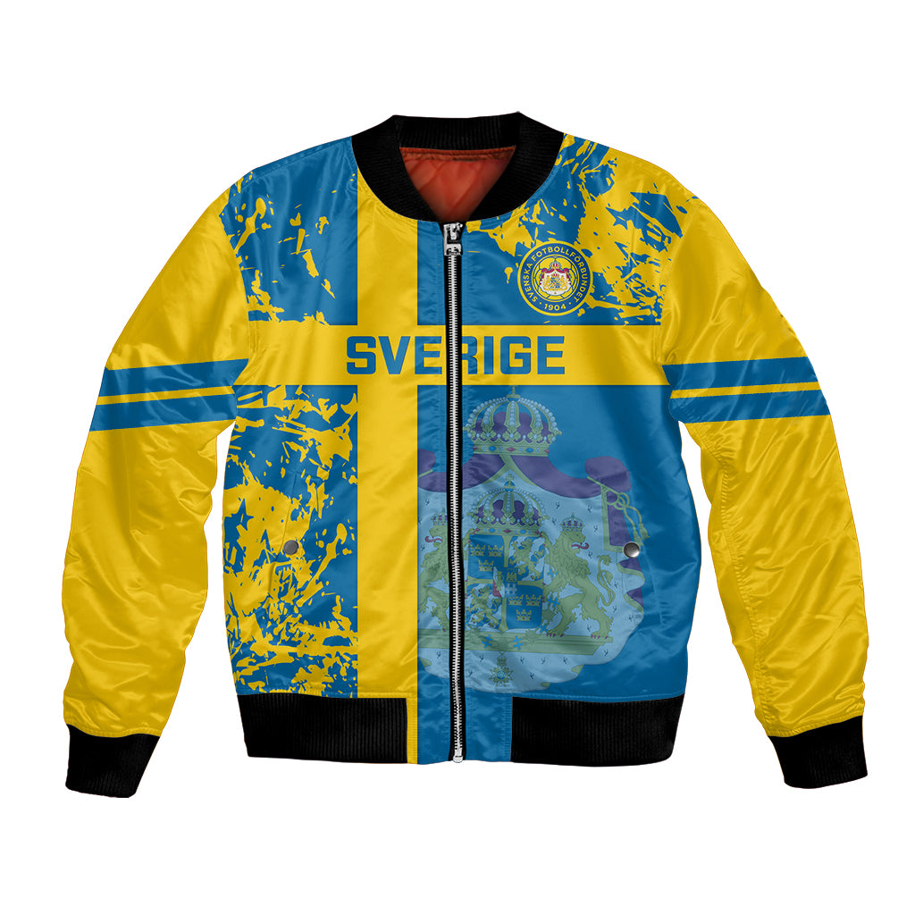 Unisex blue and yellow football bomber jacket with zipper, crest, and Sweden text SVERIGE